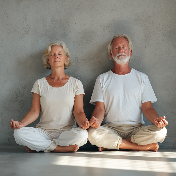 Persoane în vârstă practicând yoga pentru echilibru și flexibilitate